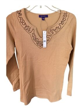 BOGARI Camel Women's Embellished V-Neck Long Sleeve Lightweight sweater NWT SZ S